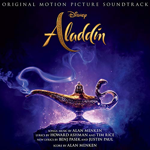 Aladdin soundtrack CD cover featuring a golden lamp and swirling purple smoke.