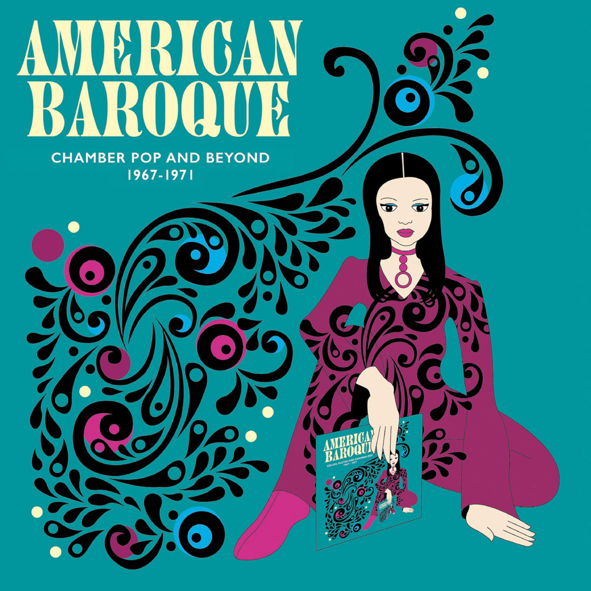 CD cover: woman holding album with swirling baroque-style design.
