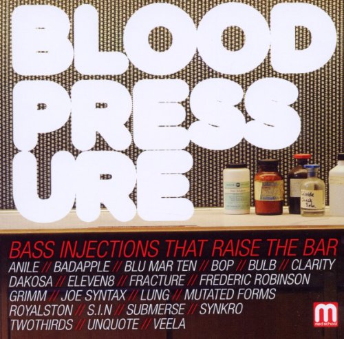 "Album cover with 'BLOOD PRESSURE' in large white text and medical bottles on a shelf."