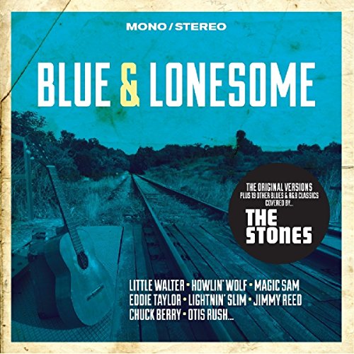 CD cover titled Blue & Lonesome featuring a guitar on train tracks in blue tones.