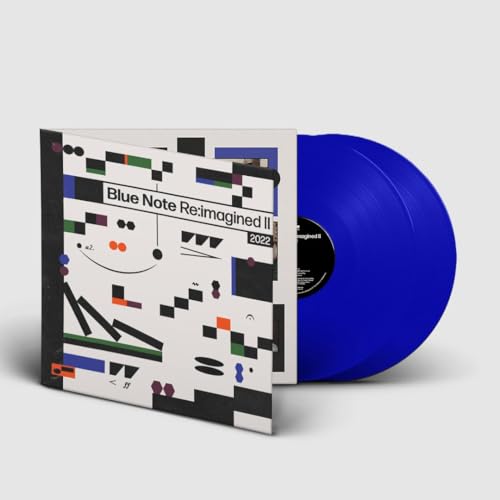 Blue vinyl record and album cover with abstract geometric design.