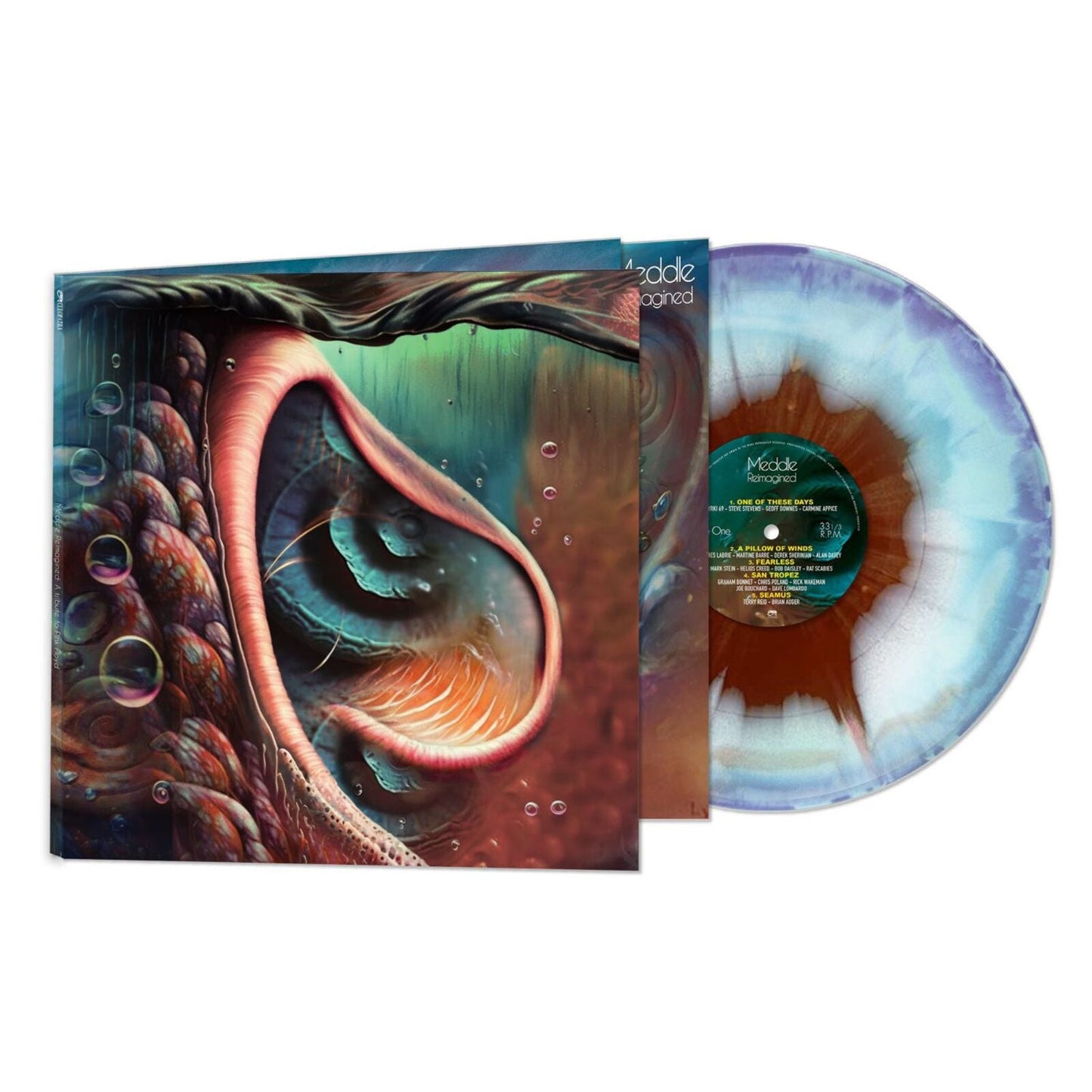 Vinyl record cover for “Meddle Reimagined,” featuring swirling, colorful artwork.