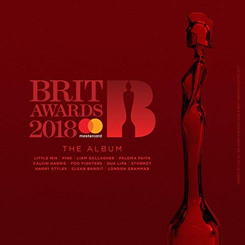Red album cover for "Brit Awards 2018" featuring a statuette and logo.