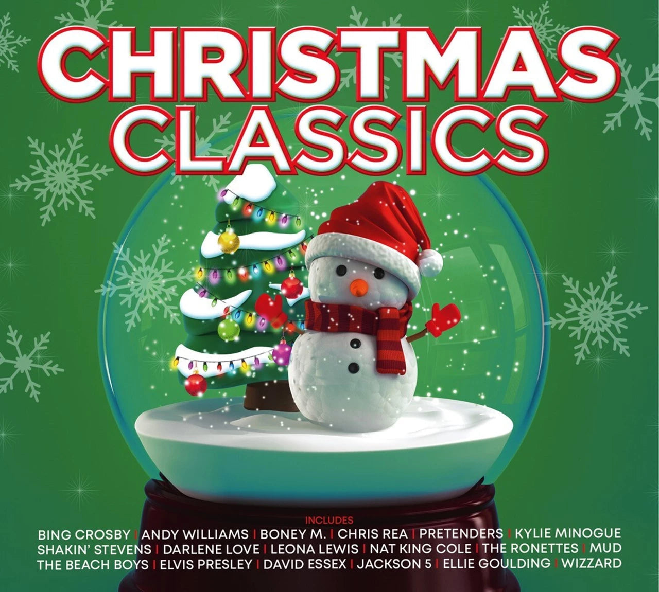 Christmas Classics CD cover featuring a snowman and Christmas tree inside a snow globe.