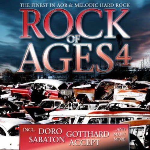 CD cover for “Rock of Ages 4” with a junkyard of classic cars.