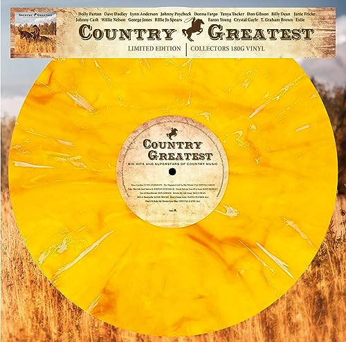 Marbled yellow vinyl record with “Country Greatest” label and artist names above.