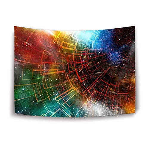 Abstract wall tapestry featuring a swirling, multicolored geometric pattern of glowing squares and lights.