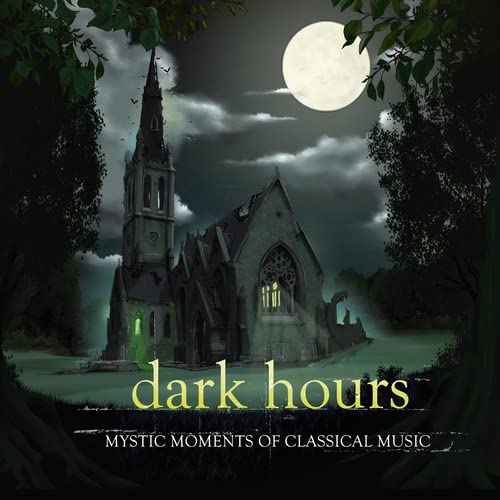 A gothic church stands under a full moon in a dark, misty forest setting.