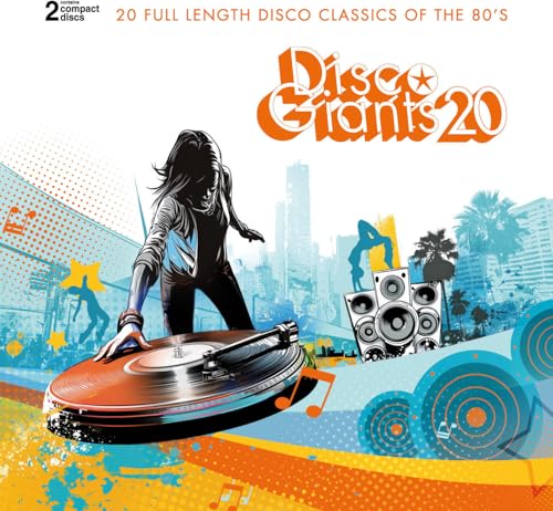 Disco Giants Vol. 20 CD cover with a DJ, city skyline, and turntable.