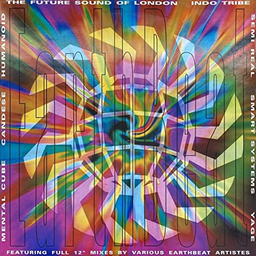 CD cover for “Earthbeat” featuring vibrant, abstract, colorful geometric patterns.