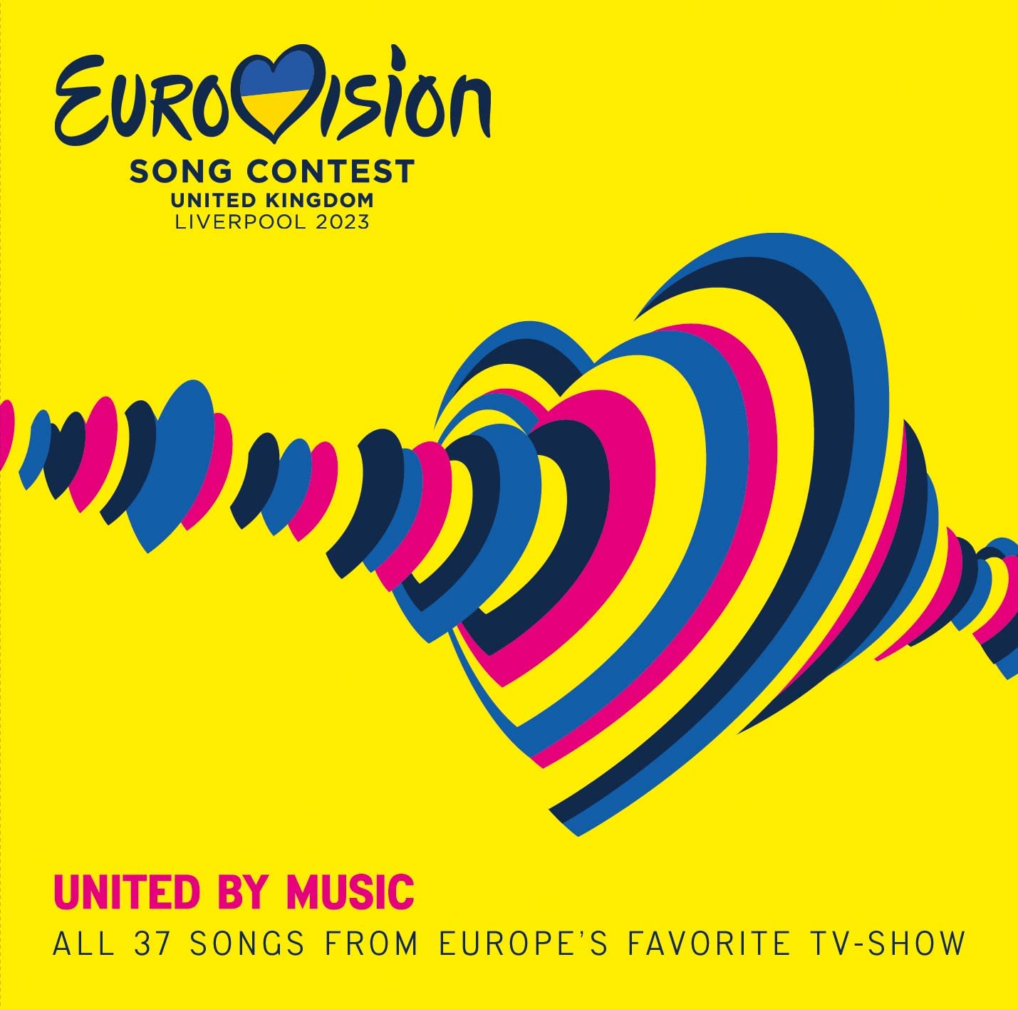 Eurovision 2023 CD cover: yellow background with colorful heart-shaped sound waves.