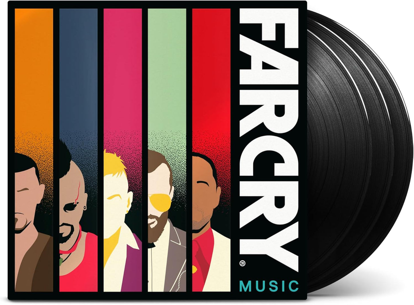 Far Cry Music 20th Anniversary vinyl record cover with stylized character portraits in vertical panels.