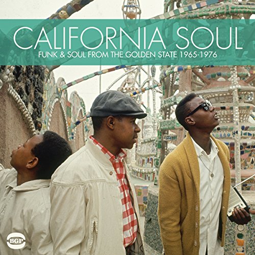 Three men stand in front of mosaic structures on the California Soul album cover.