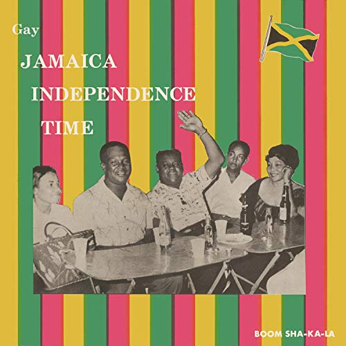 CD cover: vintage photo of Jamaicans celebrating, striped background.