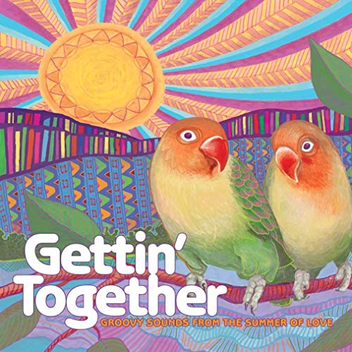 Album cover with parrots, a sun, and colorful geometric patterns.