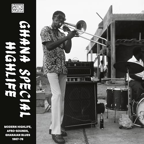 Album cover: Musician playing trombone, vintage Ghanaian highlife music.