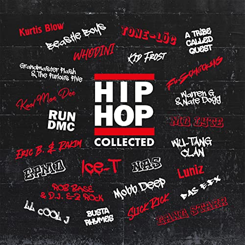Black vinyl record cover with white and red text listing hip hop artists.