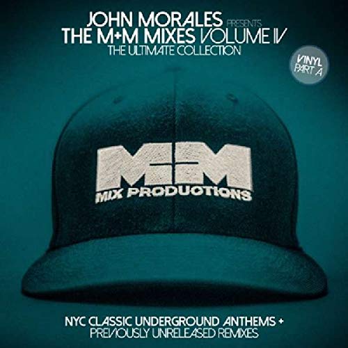 Black baseball cap with large white "M&M" logo and vinyl record design.