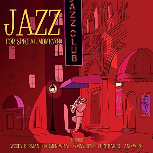 Jazz album cover with illustrated city scene and saxophone player.