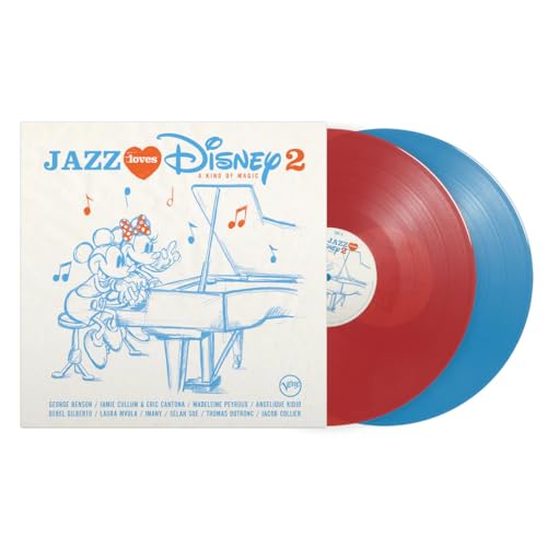 “Jazz Loves Disney 2” vinyl record with red and blue discs, cover art with Minnie Mouse.