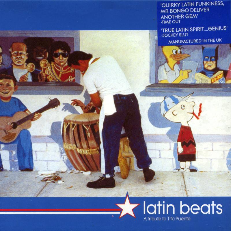 CD cover: colorful illustration of musicians and a cartoon bird, "Latin Beats.