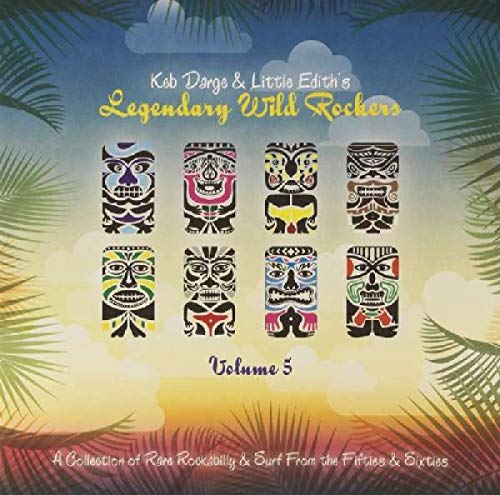 "Album cover with eight tiki masks on a sunset background with palm fronds."