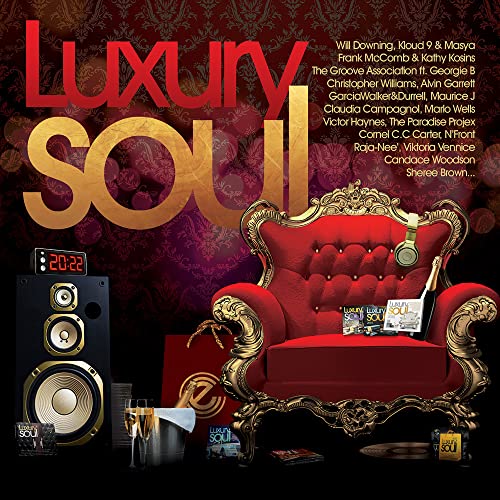 Luxury Soul 2022" CD cover with ornate red chair, speakers, and champagne.