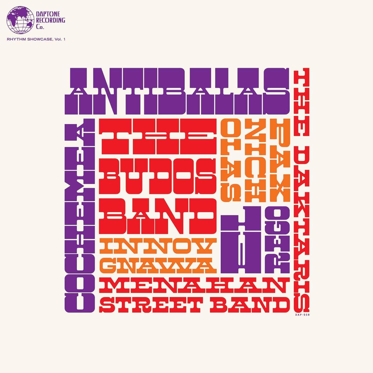 Vinyl record cover with stacked, colorful band names on a cream background.