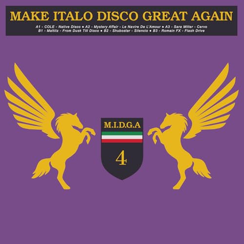 Italo Disco compilation album cover with winged horses and shield logo.