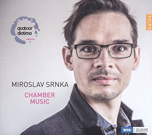CD cover featuring a portrait of composer Miroslav Srnka wearing glasses.