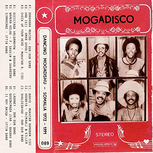 Red cassette cover featuring four Somali musicians from the 1970s-90s.