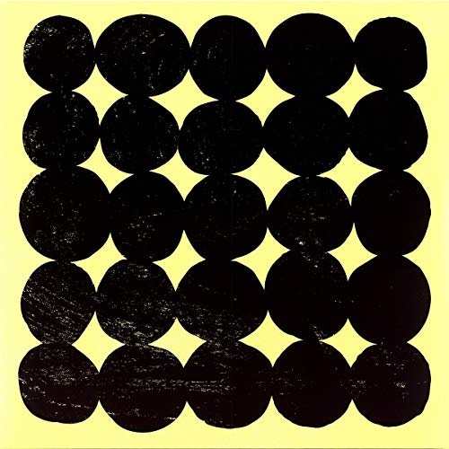 Yellow background with a grid of overlapping dark circles.
