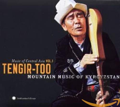 Kyrgyz musician with a traditional hat playing a long-necked lute.