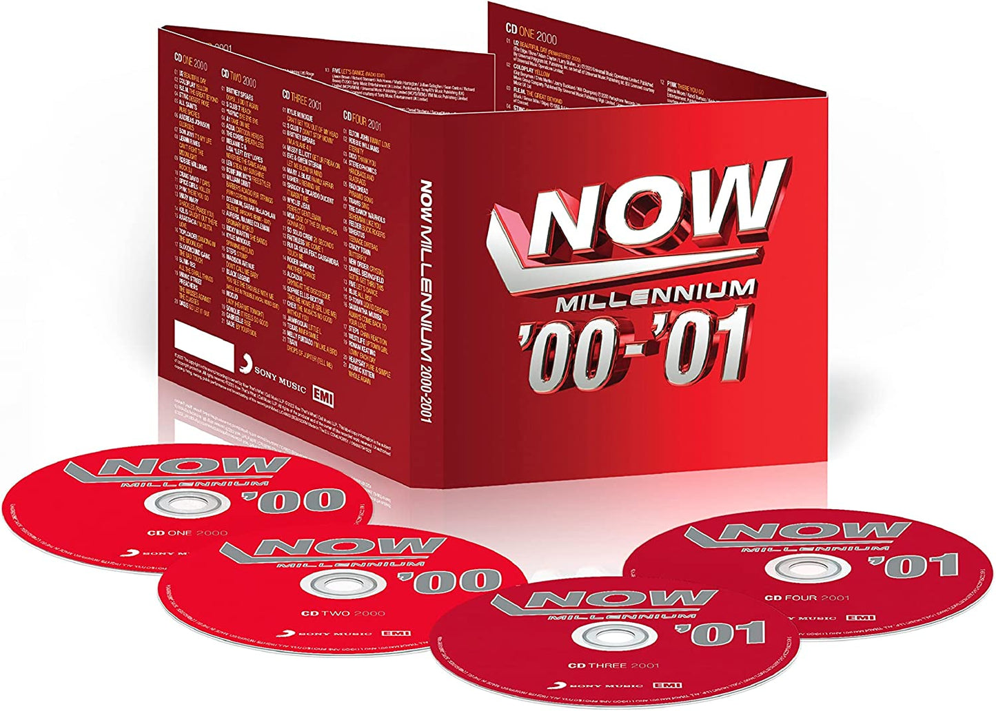 CD case for “NOW - Millennium 2000-2001” with multiple discs visible.