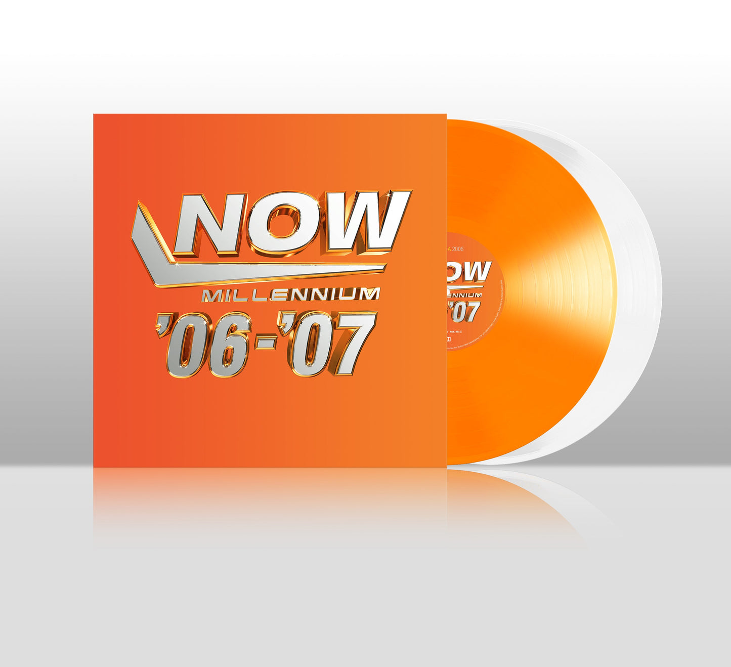 Orange vinyl record album cover and disc titled NOW Millennium 06-07 with metallic text.