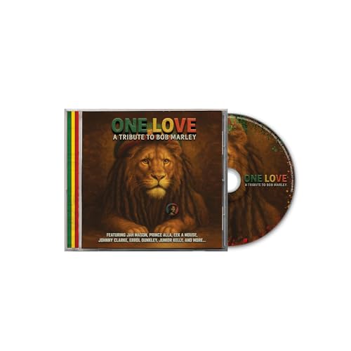 CD case for “One Love” tribute to Bob Marley, featuring a lion.