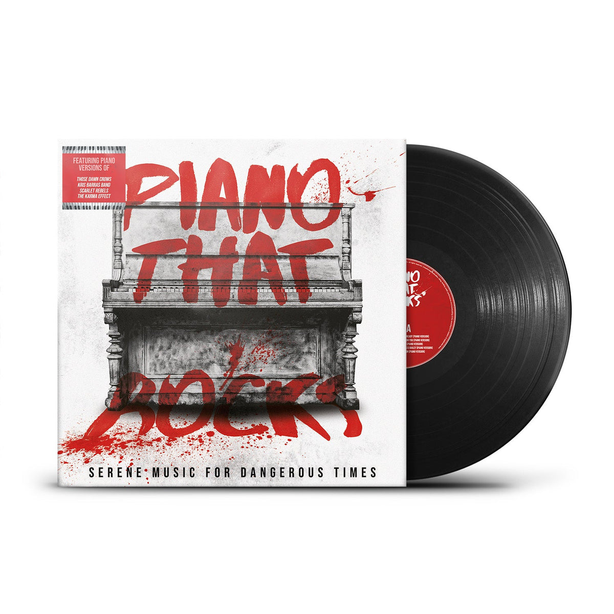 Vinyl record with a red-splattered piano image and white text.