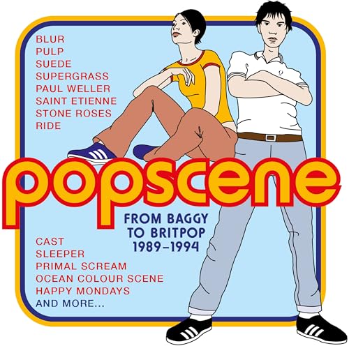 CD cover for “Popscene From Baggy To Britpop” featuring illustrated figures.