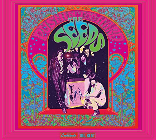 "Album cover for 'Pushin Too Hard' by The Seeds, featuring a psychedelic design and band photo."