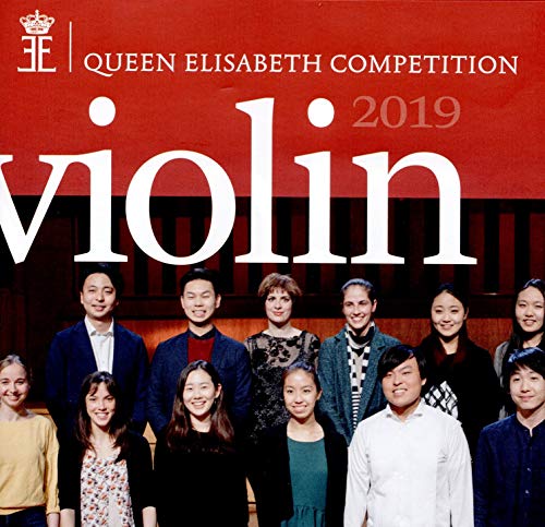 "CD cover with 12 violinists and red background, titled 'Queen Elisabeth Competition 2019 Violin'."