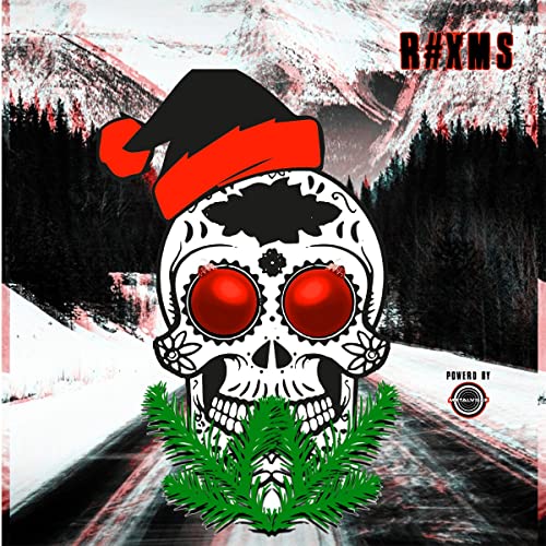 Skull wearing a Santa hat with a snowy mountain background.
