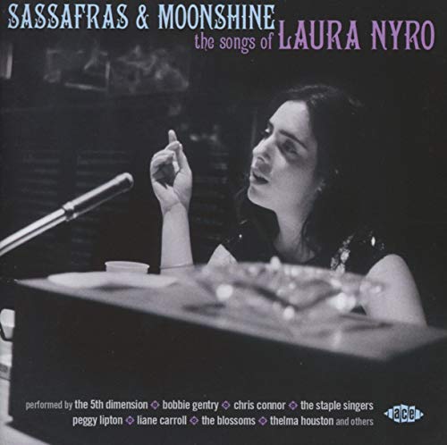 Black and white CD cover featuring Laura Nyro at a microphone with text overlay.