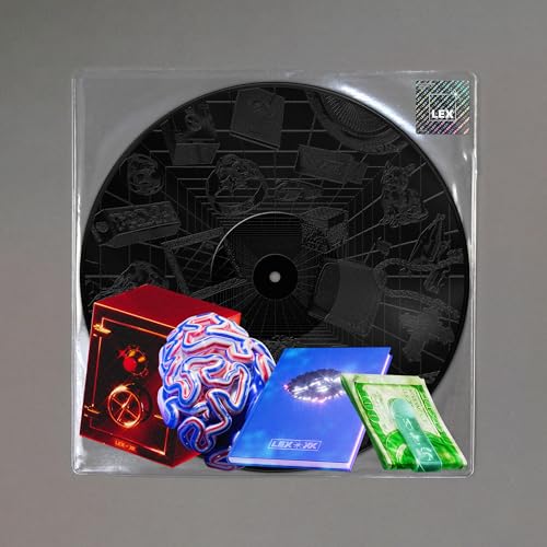 Black vinyl record with abstract artwork, packaged with colorful collectible items.