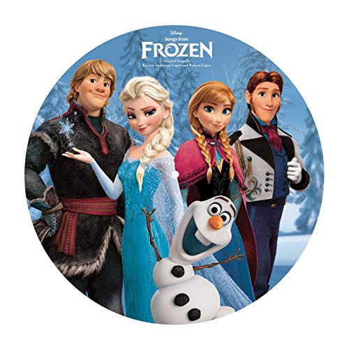Frozen characters—Elsa, Anna, Kristoff, Sven, and Olaf—on a circular record label.