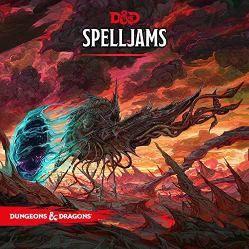 Fantasy spaceship flying over a fiery, spiky landscape, album cover.