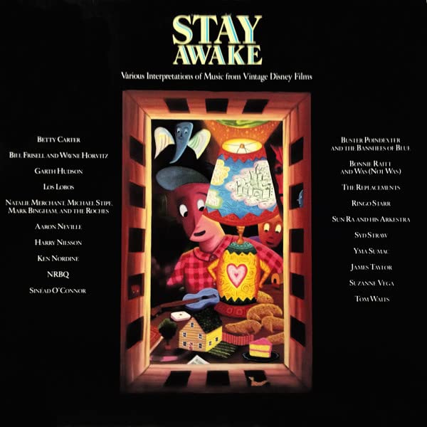 Vinyl record cover for “Stay Awake,” featuring Disney-inspired artwork and artist names.
