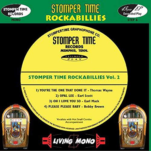 Vinyl record label for Stomper Time Rockabillies Volume 2 featuring tracklist and two jukeboxes.