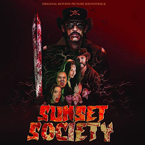 Horror movie soundtrack album cover with bloody figures and a large blade.