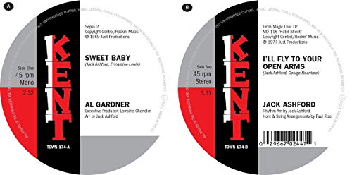 Vinyl record label with red, black, and grey design, displaying song titles and artist names.