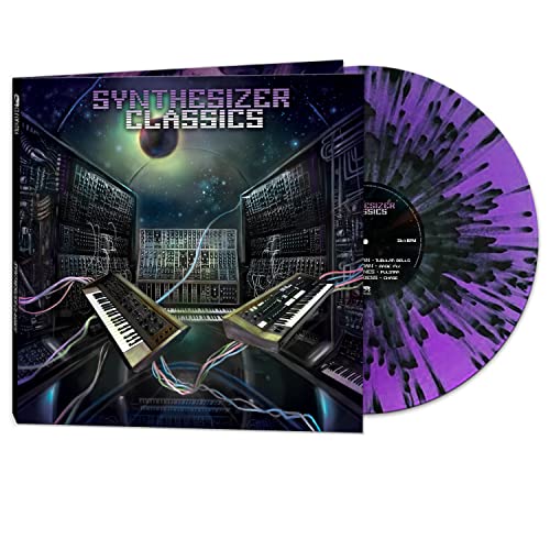 Synthesizer Classics vinyl record cover and a purple and black splatter vinyl disc.